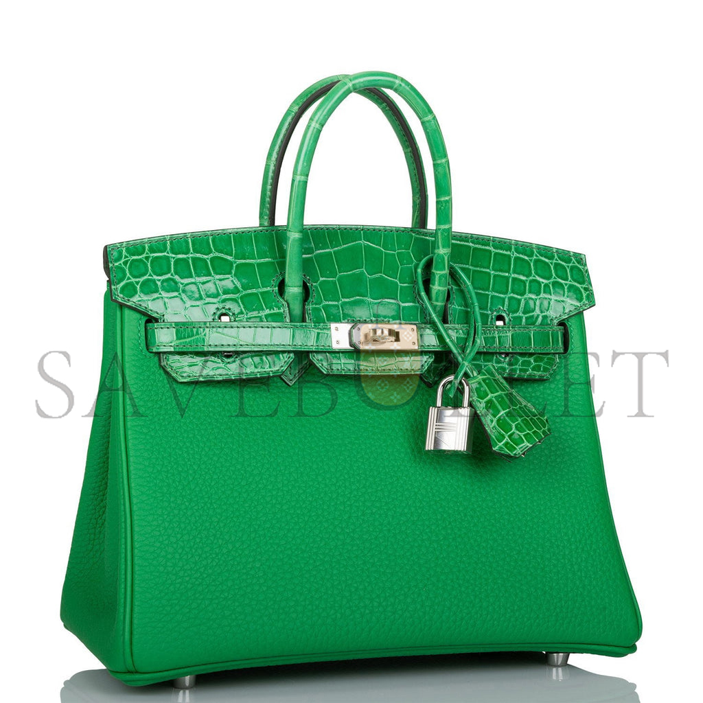 H**mes master birkin 25 crocodile and togo leather bamboo green silver buckle h076216ck21 (25*20*13cm)